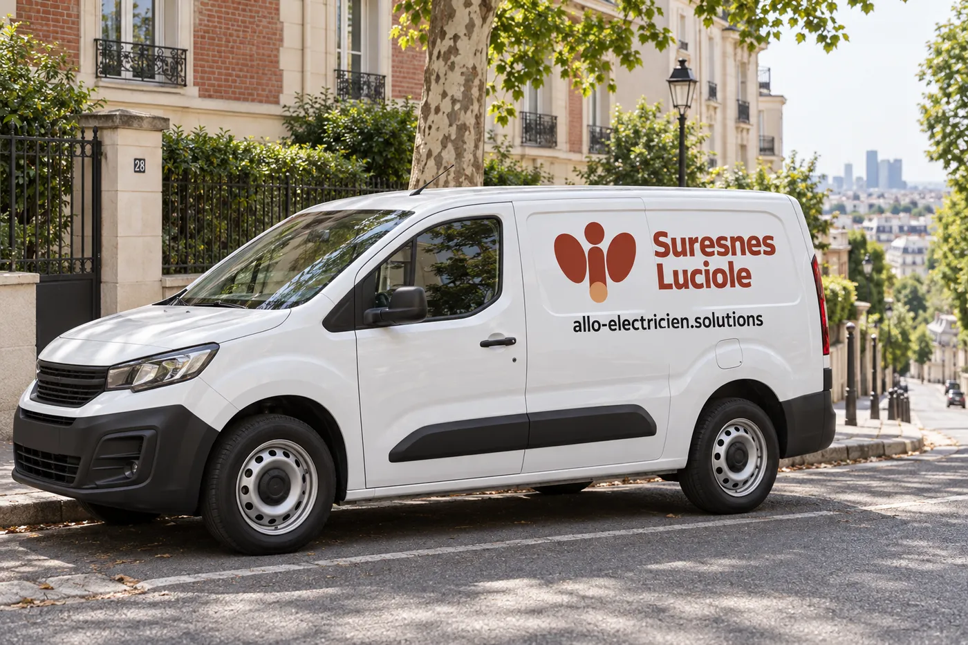 Camionnette blanche Suresnes Luciole garée dans une rue résidentielle de Suresnes